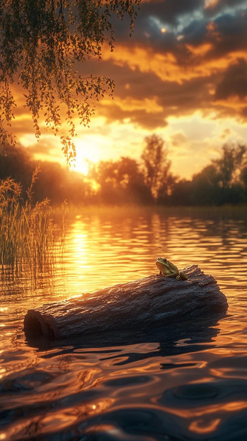 Toad On Floating Tree Trunk At Golden Lakeside Sunset