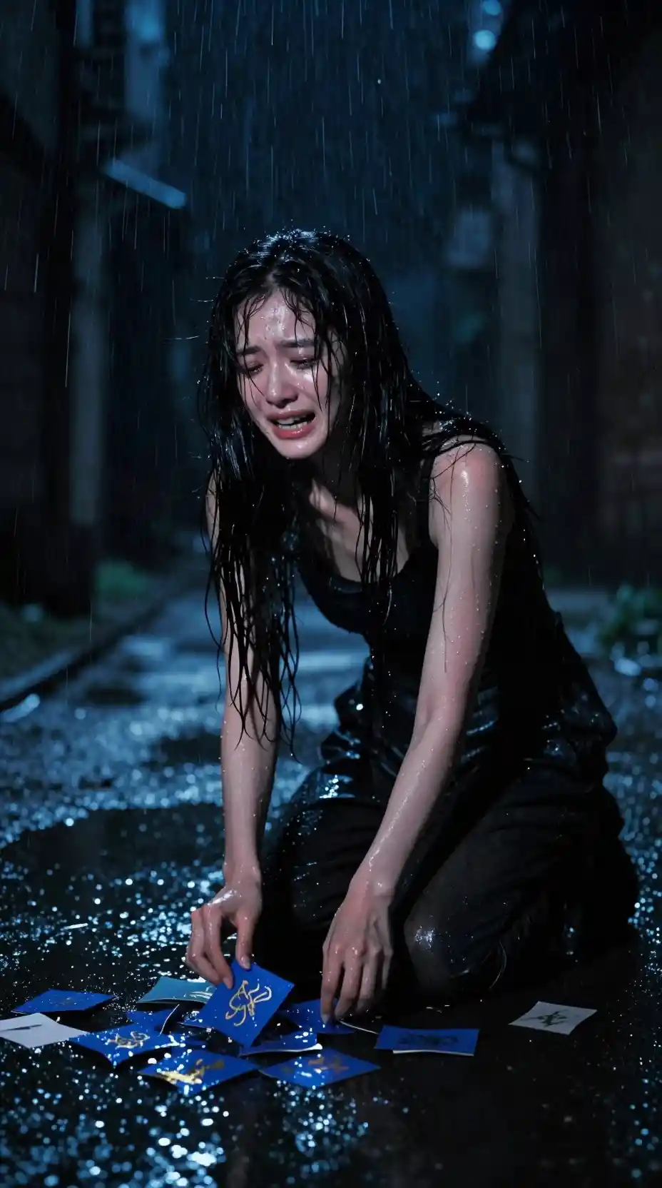 Young woman crying in a rainy alley at night