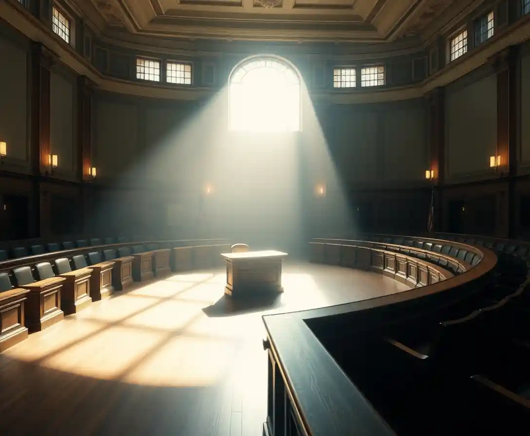 Empty courtroom dock in dramatic directional light