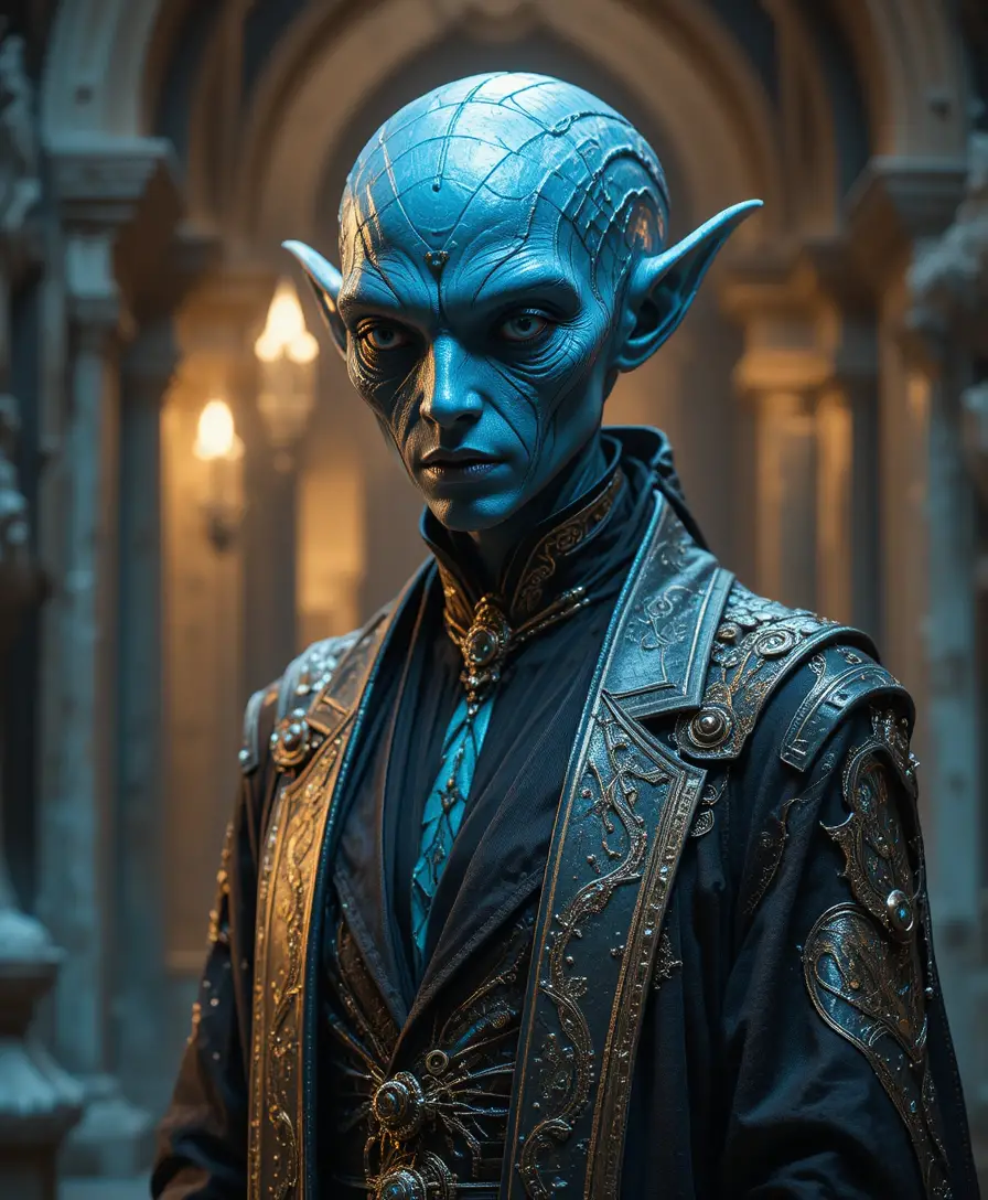 Regal alien diplomat in flowing robes with iridescent skin