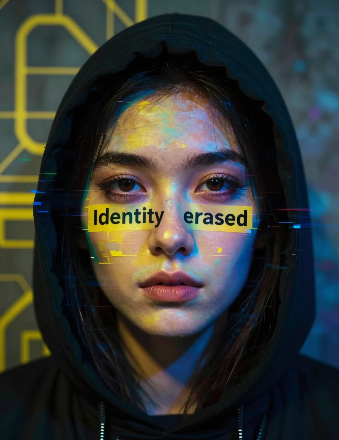 Close up hooded figure with intense glitch distortion