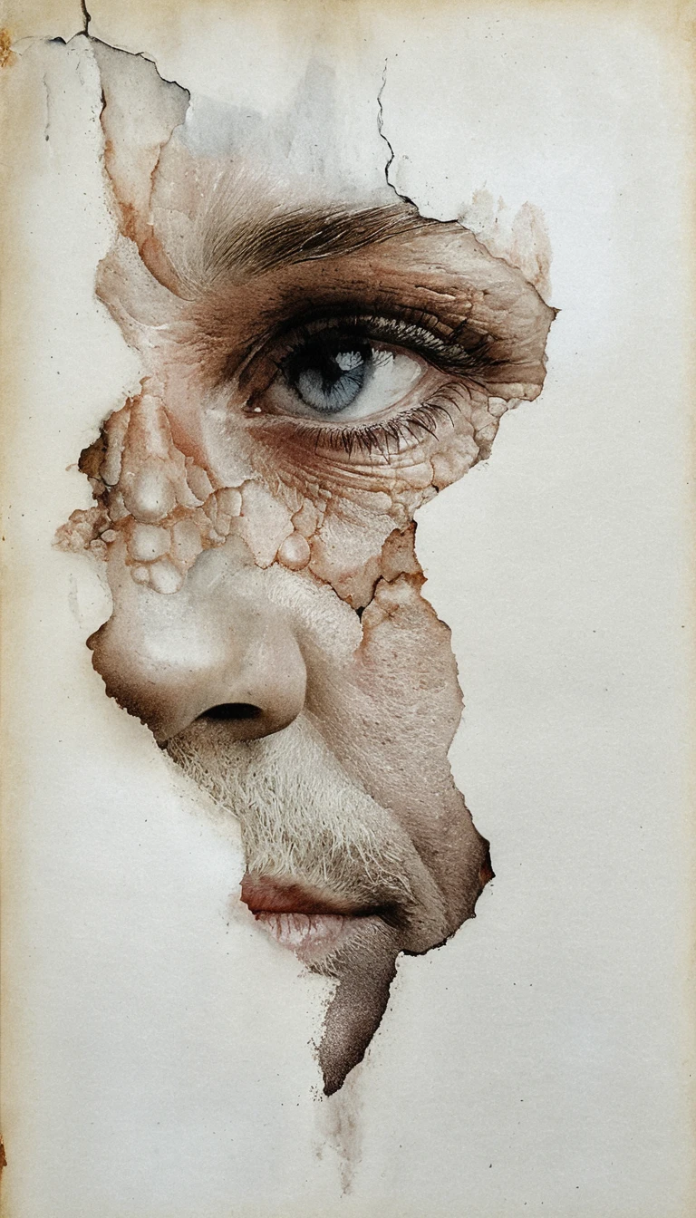 Fragmentiertes Gesicht eines älteren Mannes in Mixed Media, Nahaufnahme
