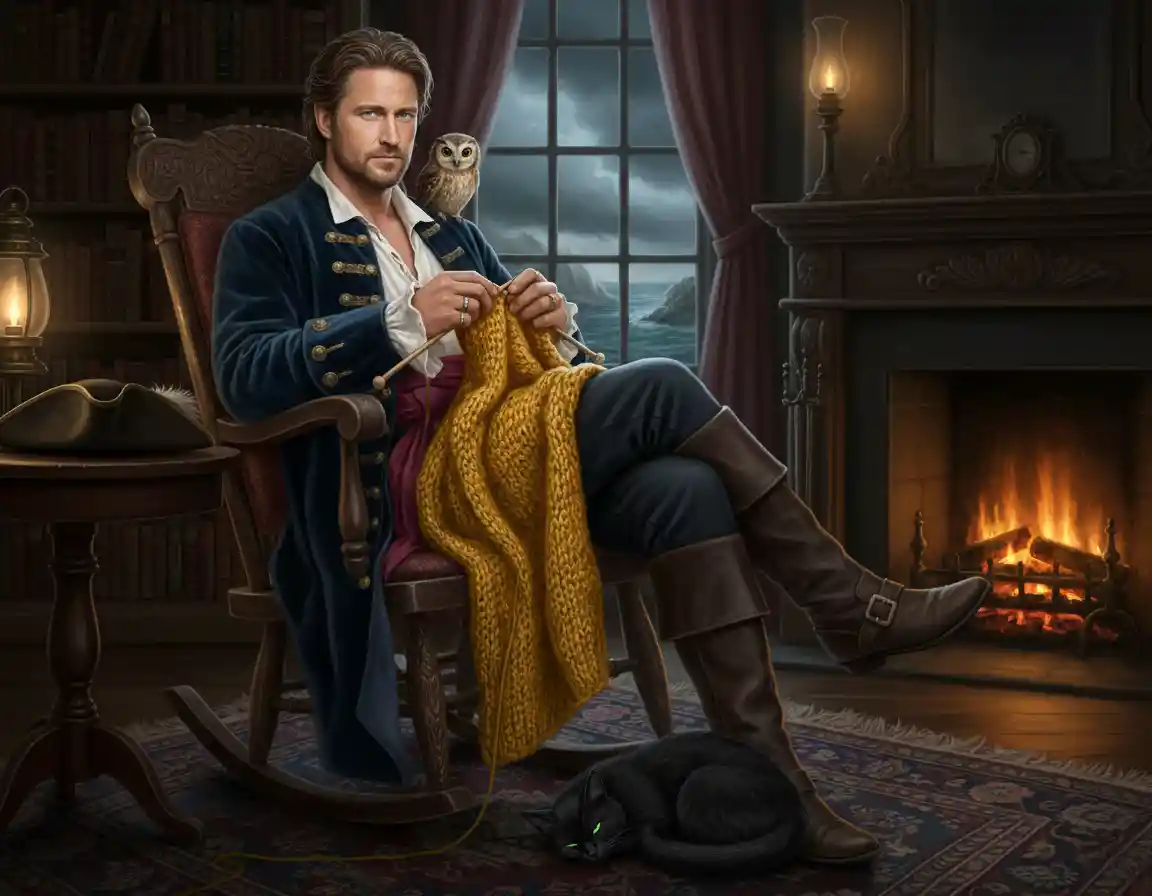 Pirate costumed man knitting with owl and black cat