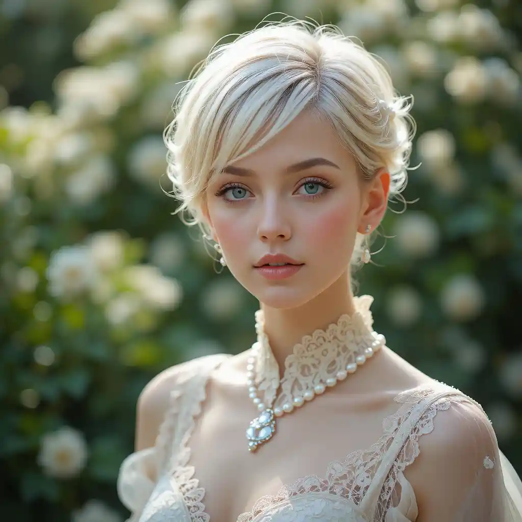 Young blonde woman in lace dress in soft garden portrait