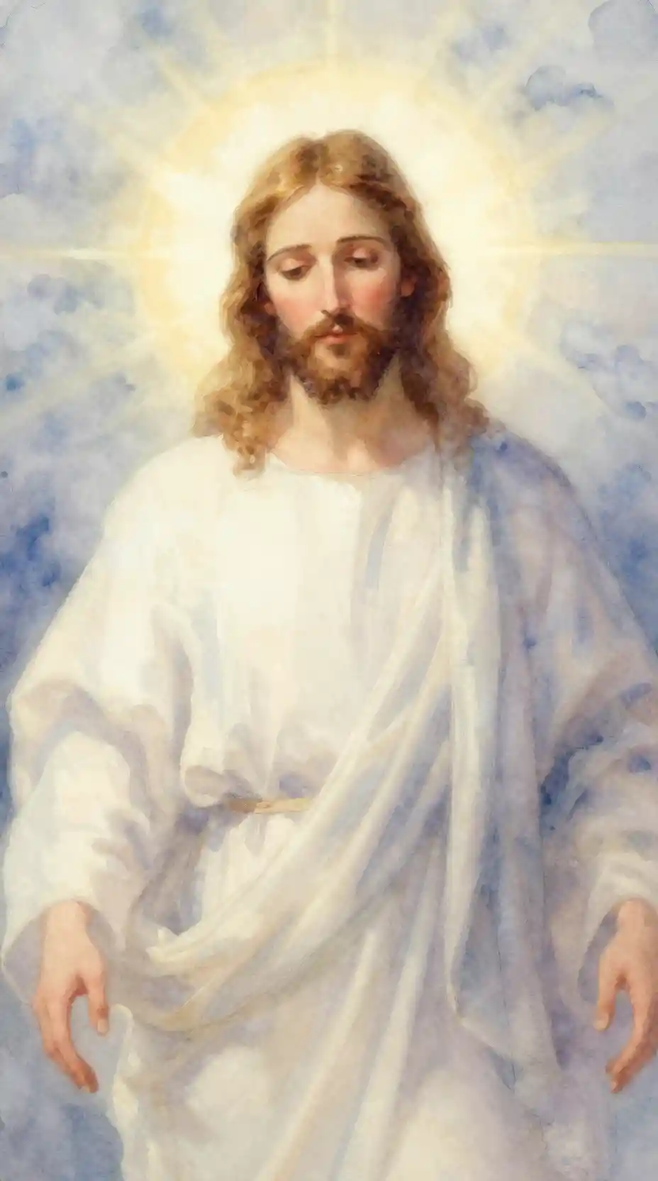 Serene watercolor portrait of Jesus with ethereal glow