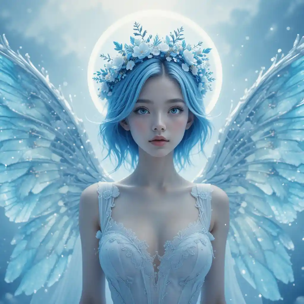 Ethereal winged woman in icy blue haloed light