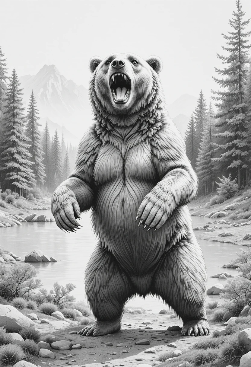 Imponente urso-pardo rugindo na luz da floresta ao amanhecer