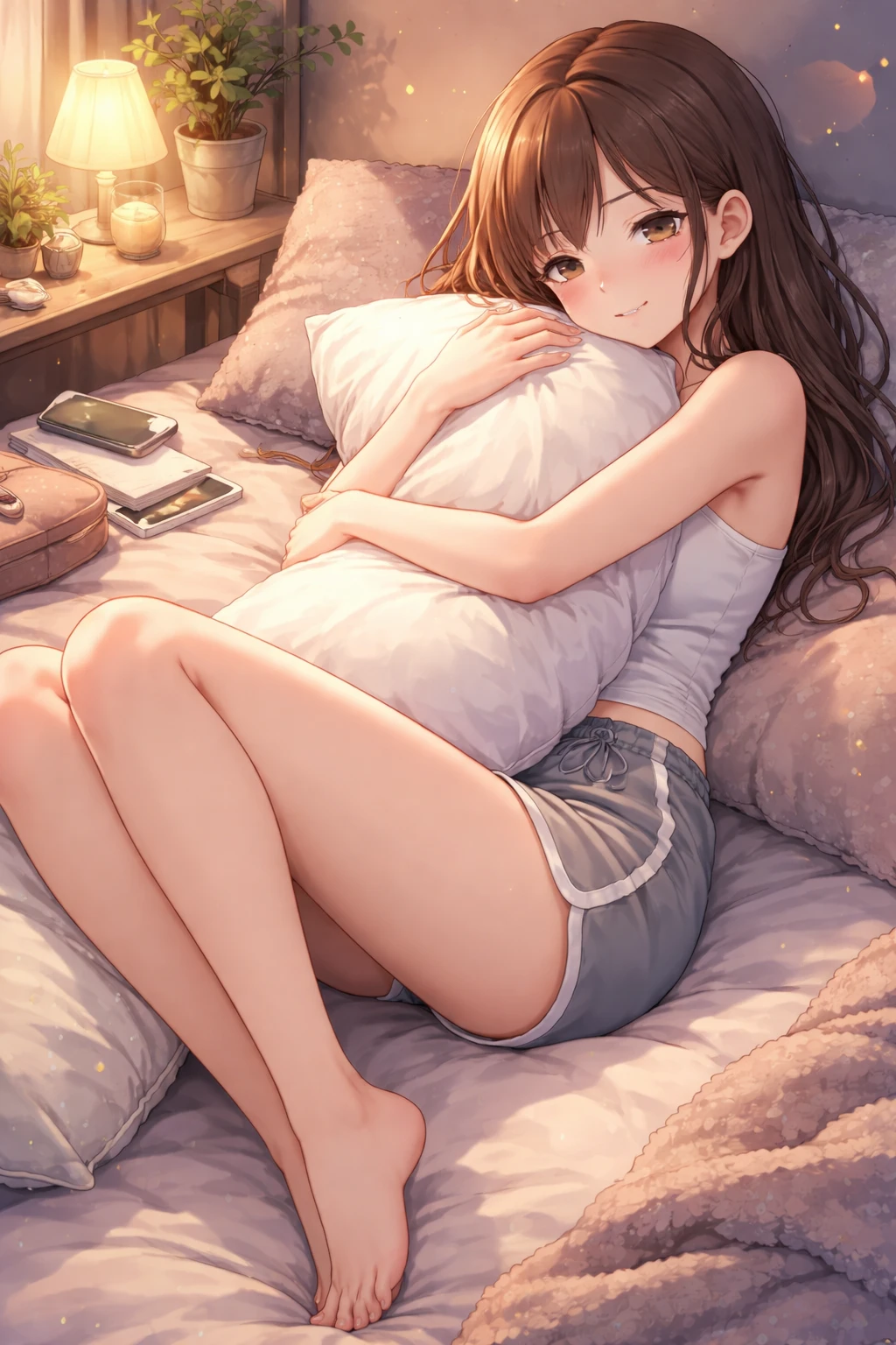 Cute girl relaxing in lofi style hugging a pillow