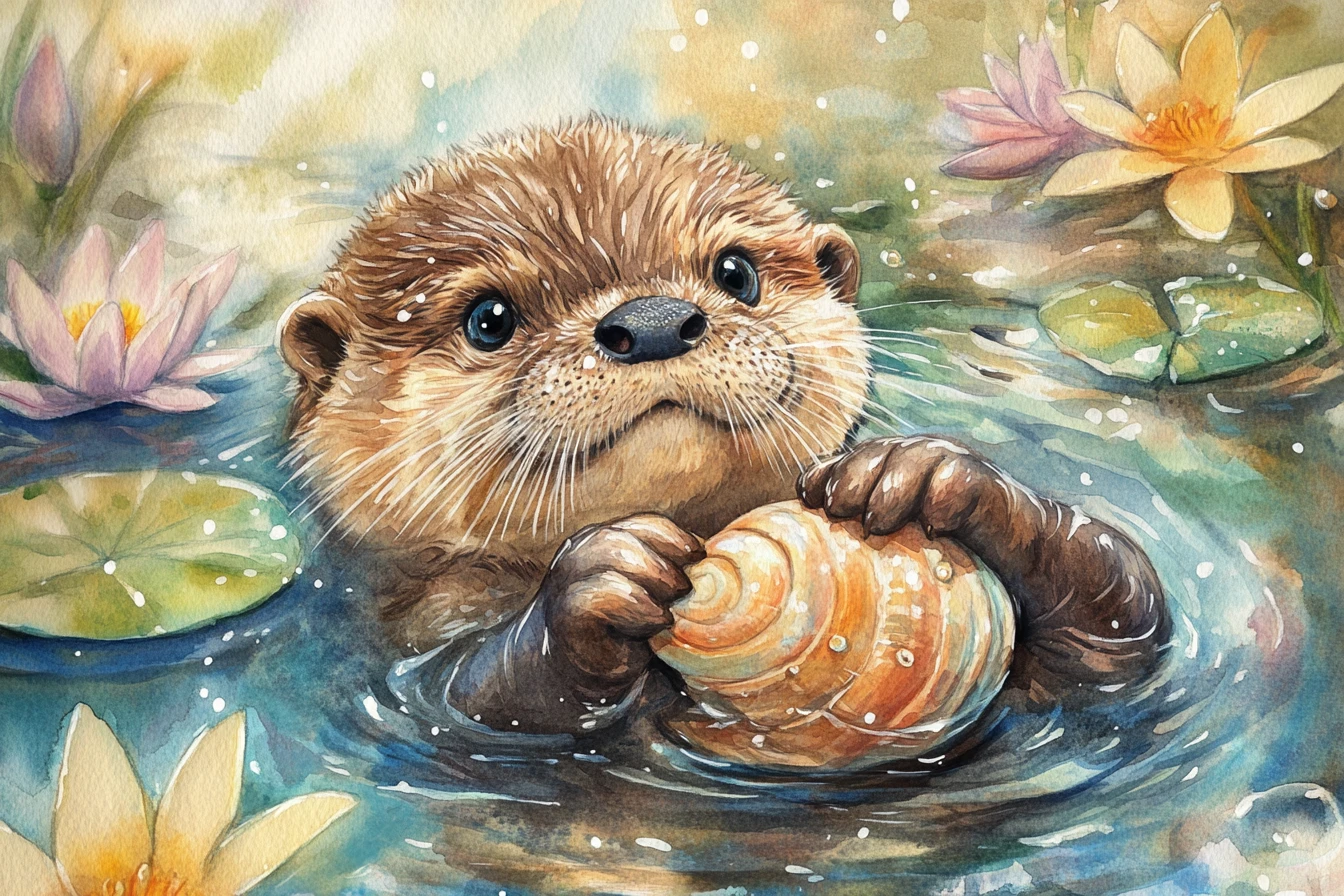 Chubby baby otter floating on its back in watercolor
