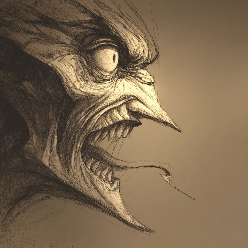 Rostro grotesco de monstruo de perfil con lengua bífida