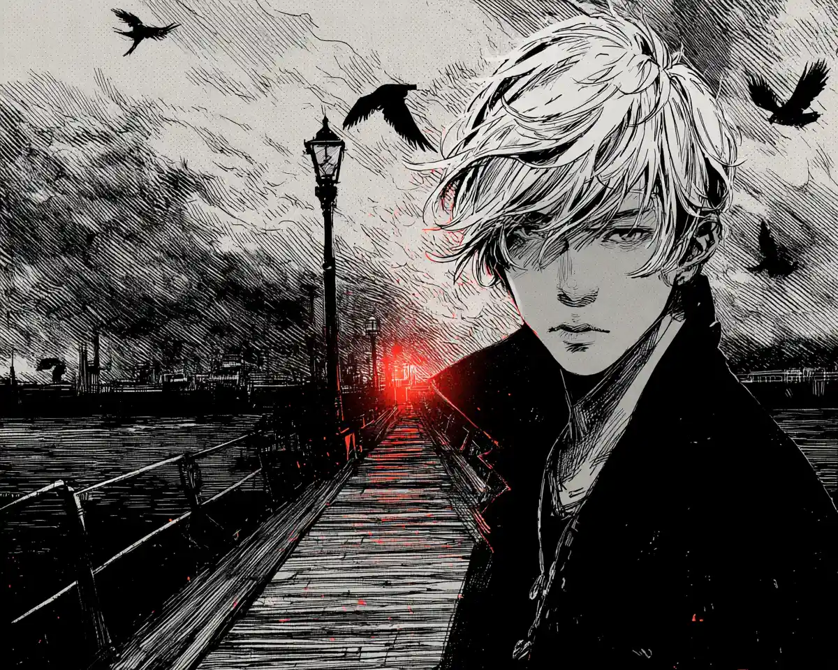Young man on a pier under a red streetlight