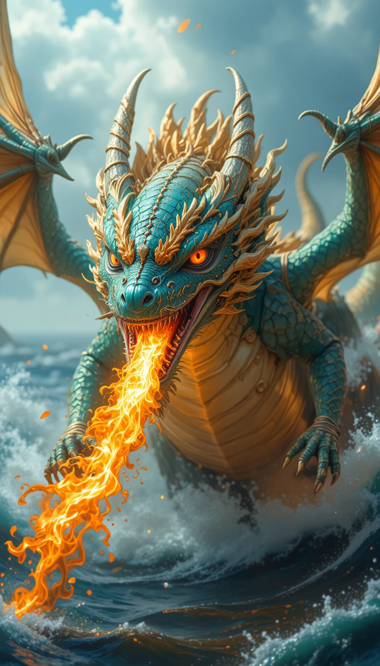 Dragon nacré crachant du feu au-dessus de l’océan bleu