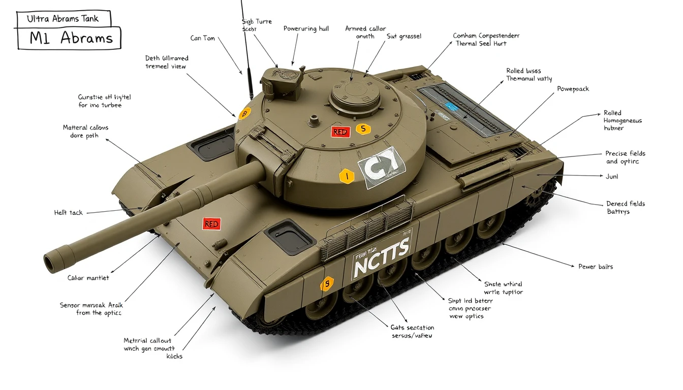 Render técnico isométrico de um tanque de batalha M1 Abrams