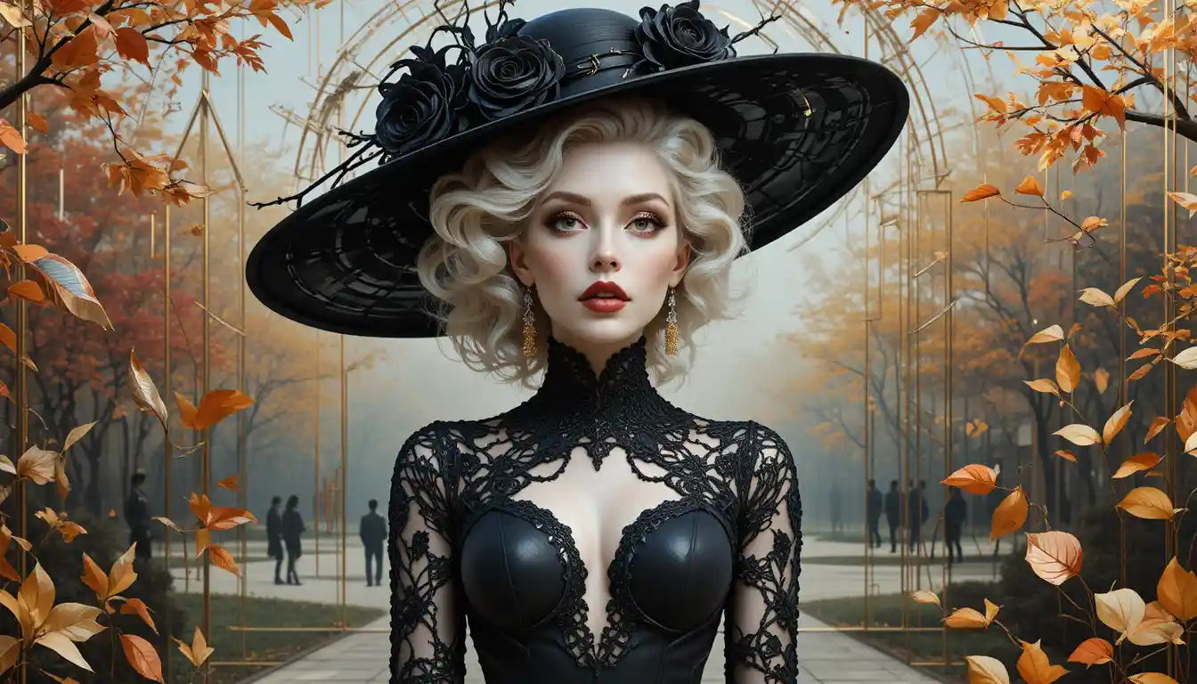 Gothic woman in black amid golden fish and ornate patterns