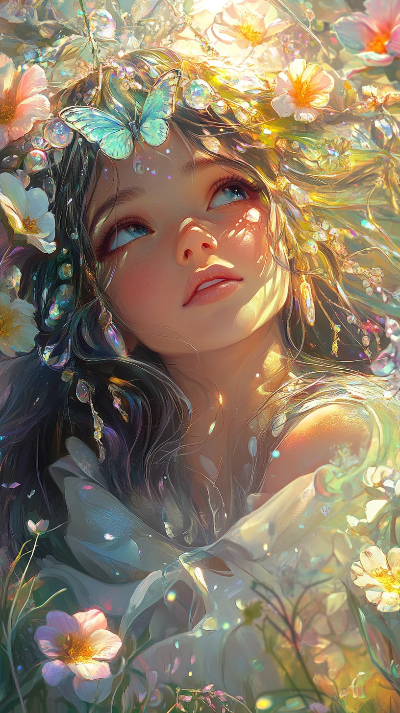 穿著花卉奇幻服裝微笑女孩的特寫