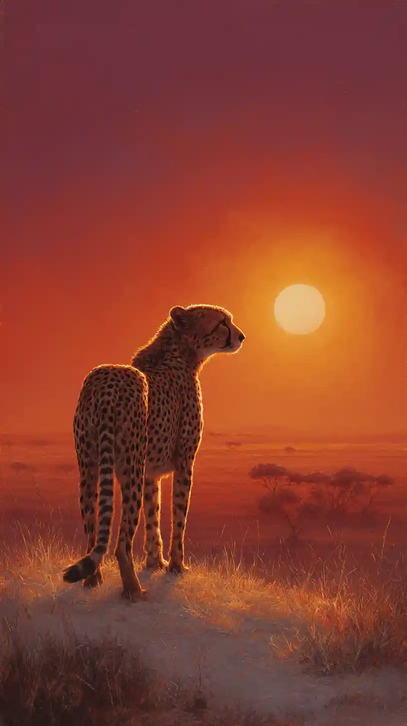 Cheetah Silhouette On Savanna Ridge Against Setting Sun