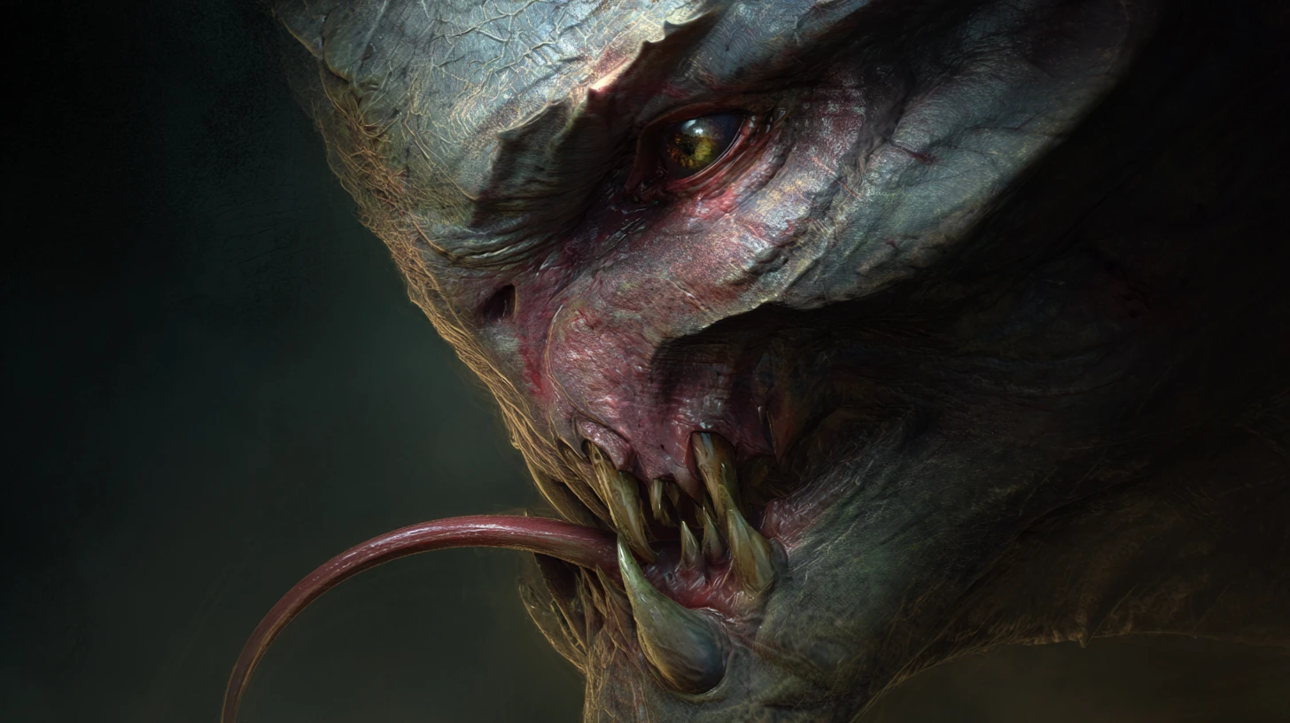 Rostro de monstruo de perfil grotesco con lengua bífida