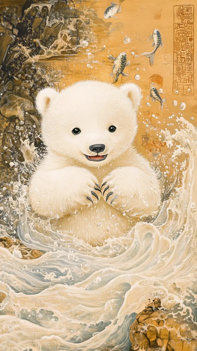 Cute baby polar bear warrior in flowing hanfu