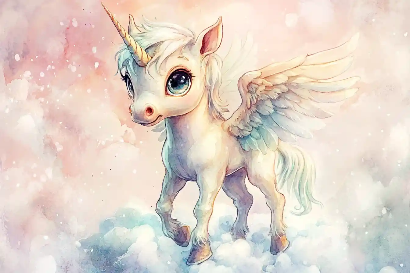 Baby pegasus standing on soft clouds in pastel sky