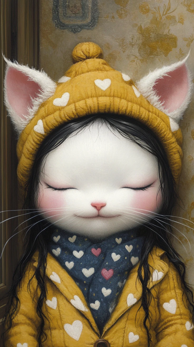 White cat resting in pajamas with mouse in a cozy bed