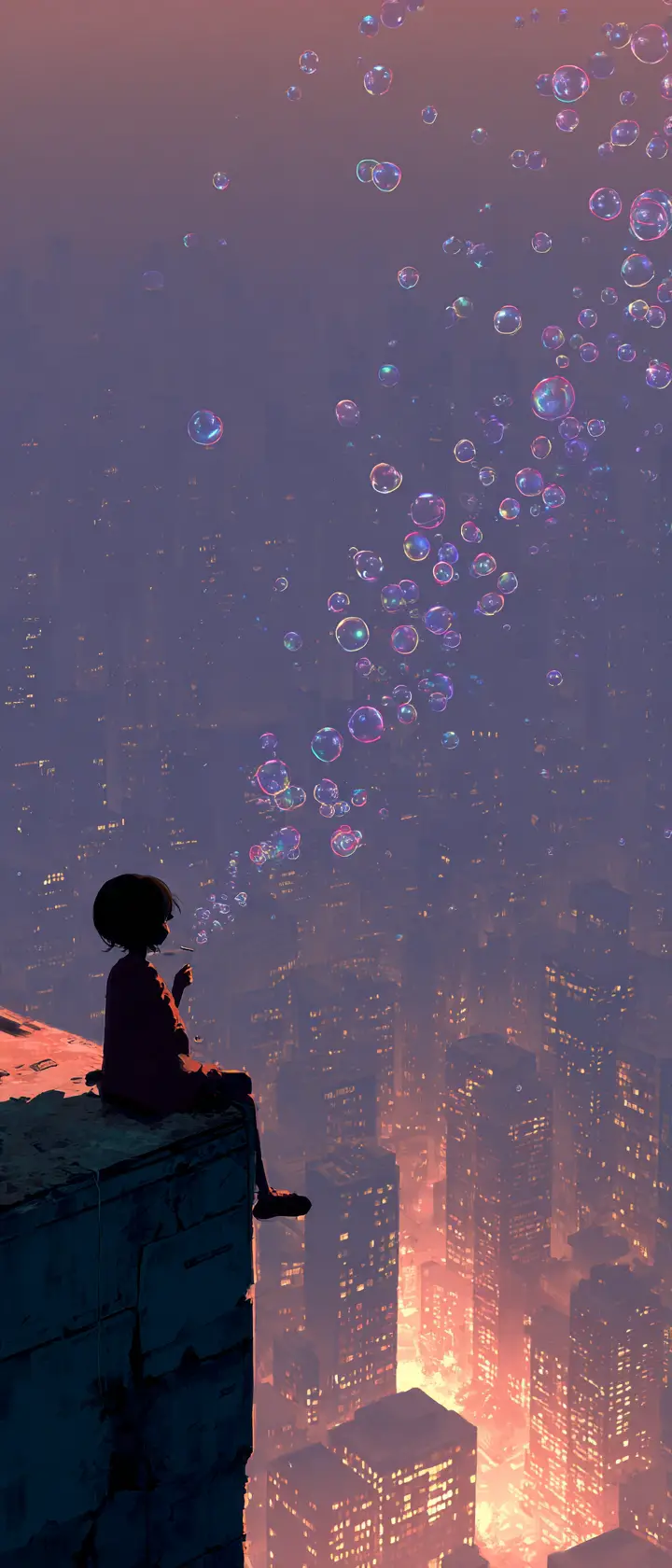 Child on crumbling skyscraper ledge blowing memory bubbles