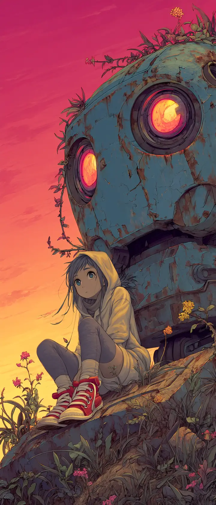 Anime girl on ruined robot head in desert twilight