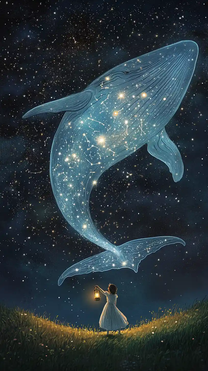 Ghostly whale gliding through a starry night sky