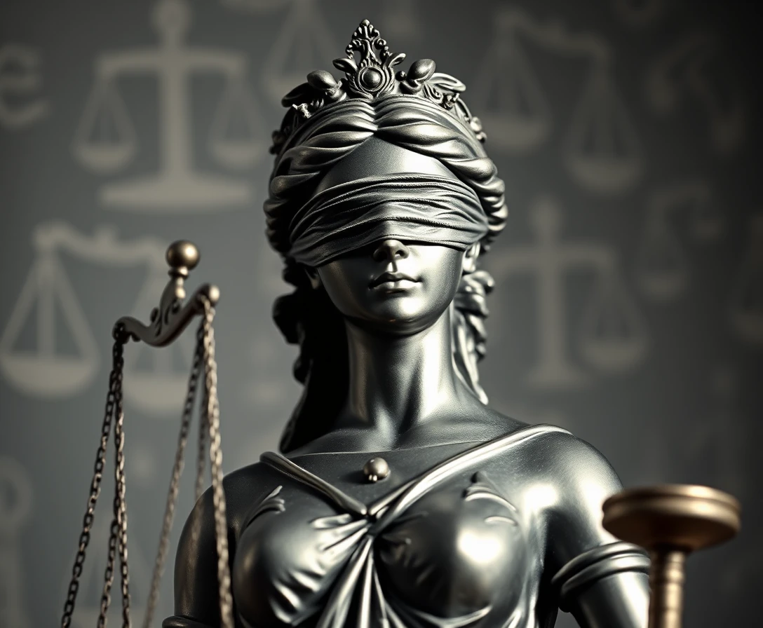 Blindfolded Lady Justice statue in stark graphic contrast