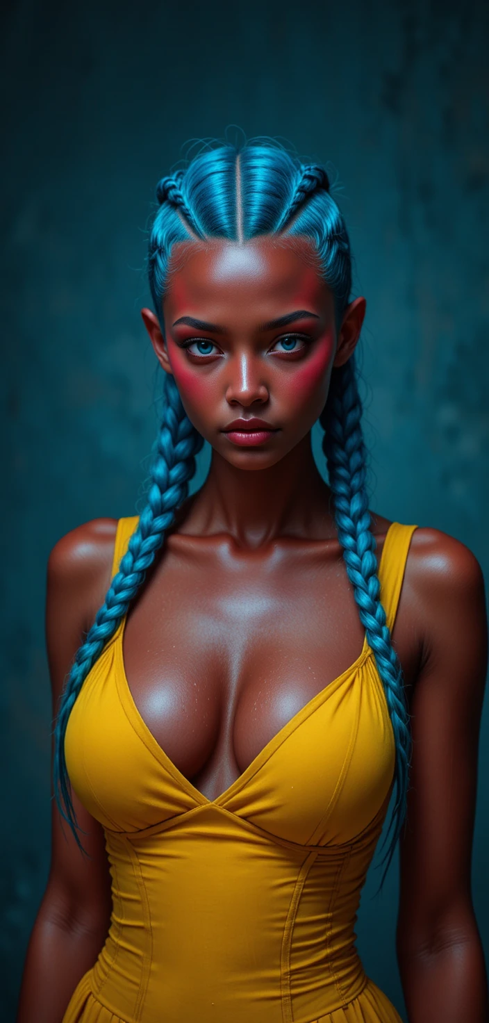 Ragazza con abito giallo e trecce blu su sfondo blu