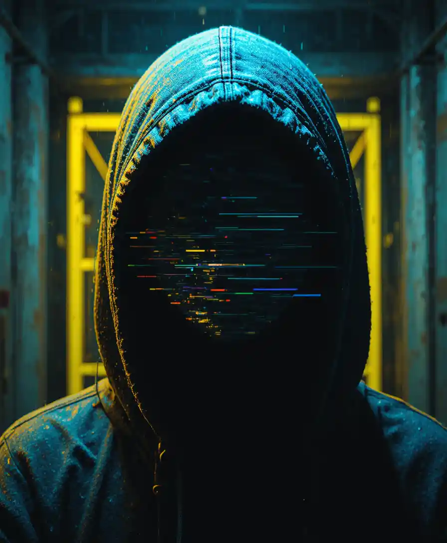 Close up glitch portrait of a hooded faceless figure