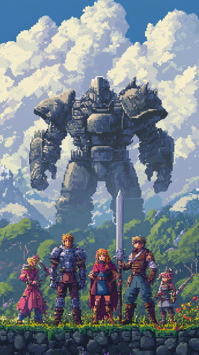 Fantasy party of three in a vibrant pixel art landscape