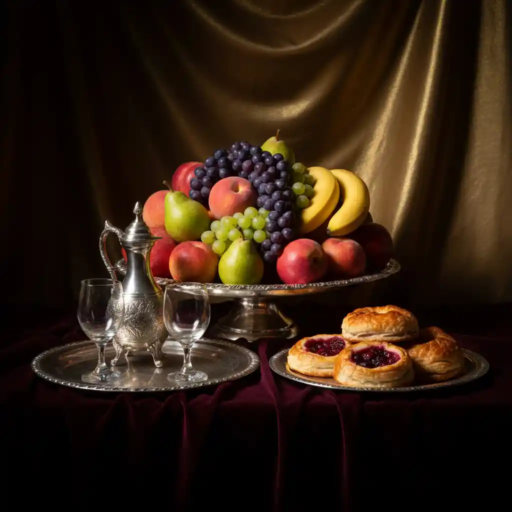 Opulento bodegón con frutas y pasteles en bandeja de plata