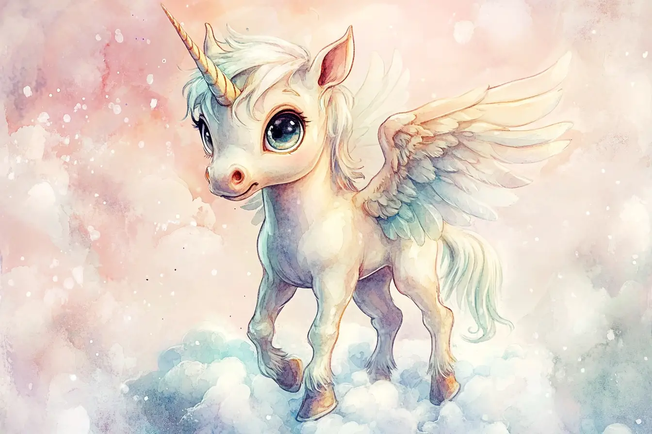 Baby pegasus standing on soft clouds in pastel sky