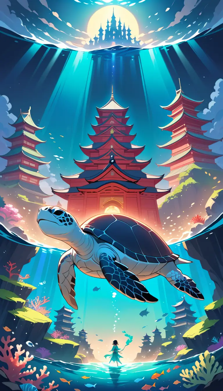 Man Riding A Giant Sea Turtle Toward Underwater Castle