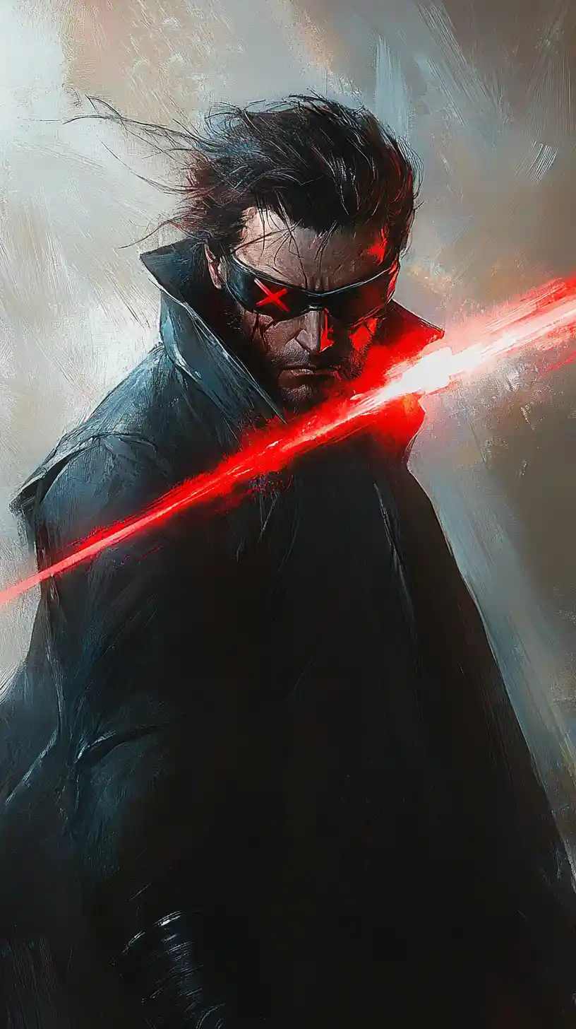 Cyclops inspired superhero unleashing a sweeping red energy beam