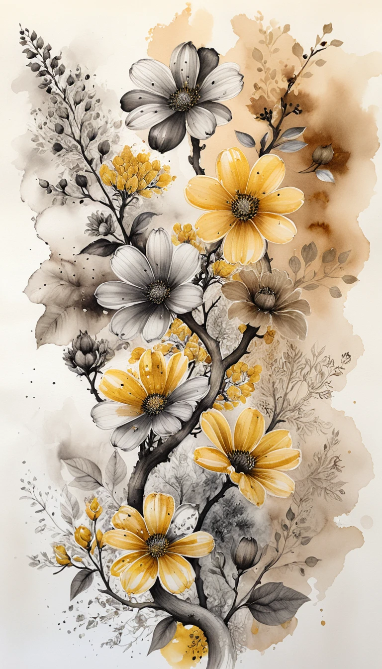 Delicate vertical floral watercolor on aged textured paper