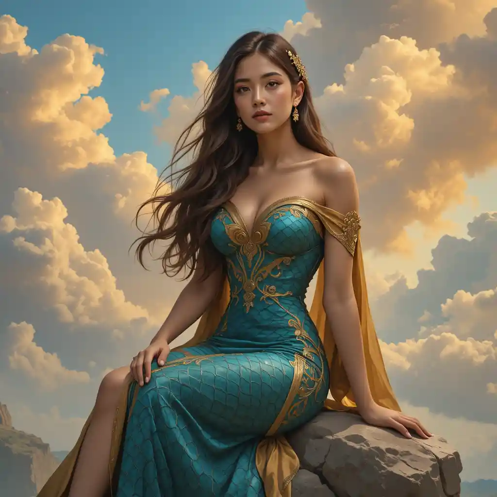Young woman in teal gown on rocky cliff at dusk