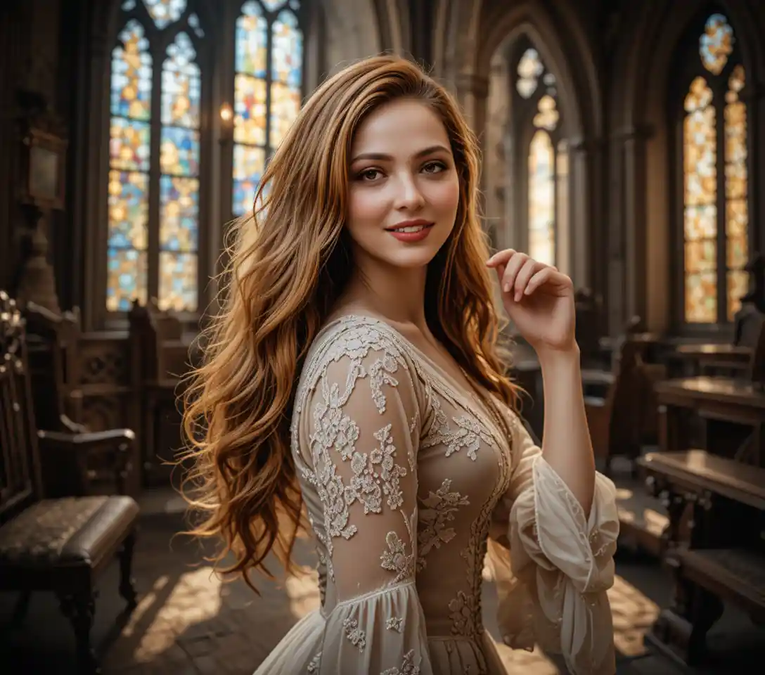 Red haired woman in lace chemise in sunlit gothic room