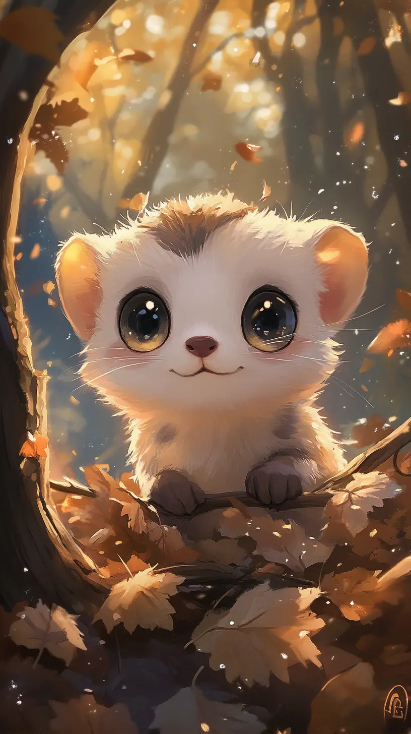 Cute chibi ferret exploring a twilight forest floor