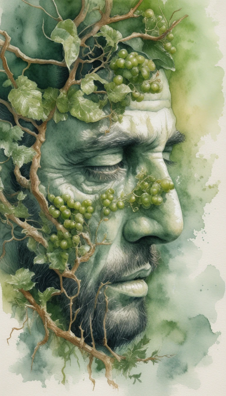 Retrato surreal en primer plano de un hombre envejecido y hiedra trepadora
