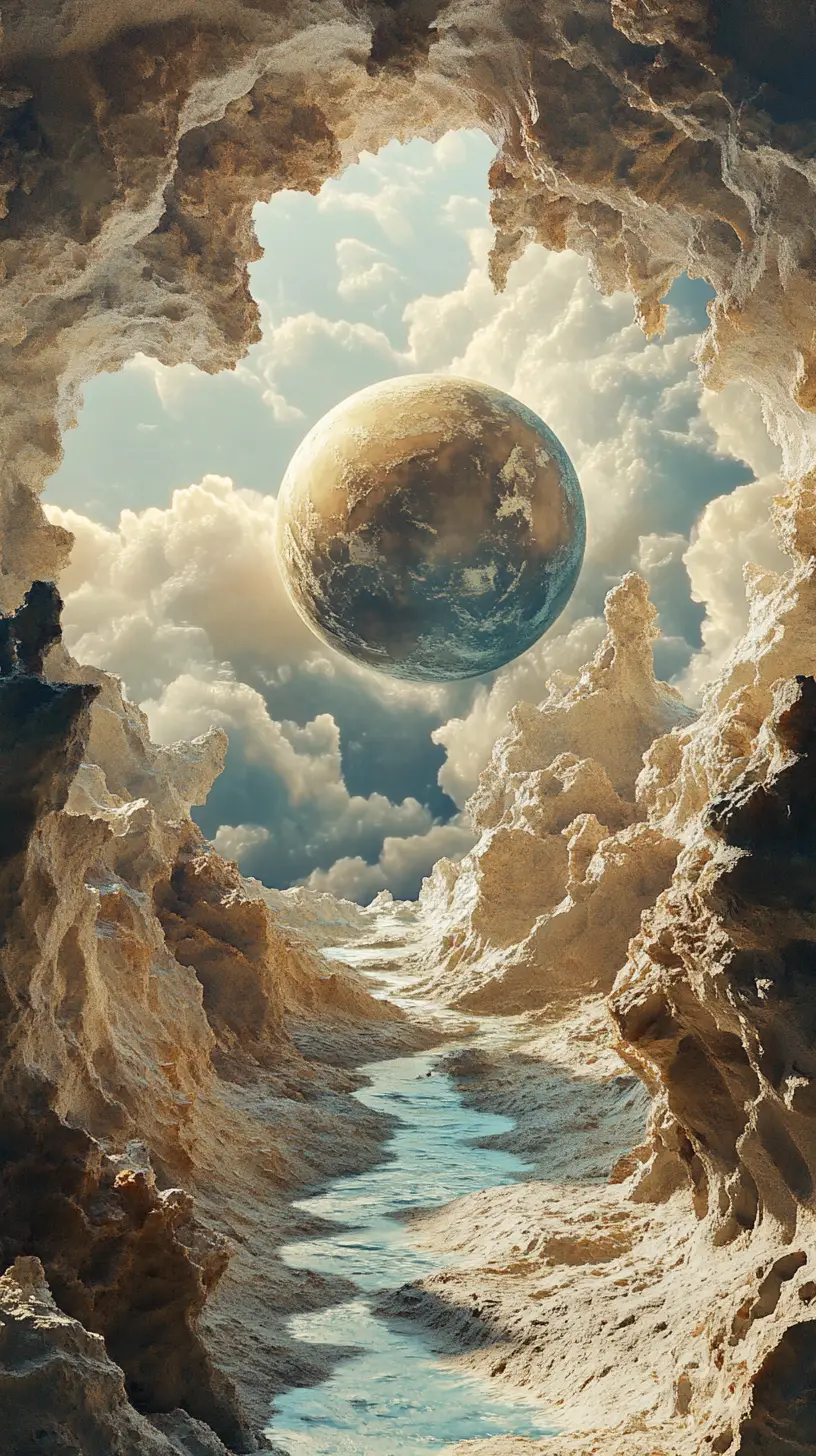 Surreal cosmic portal with floating sphere and golden key