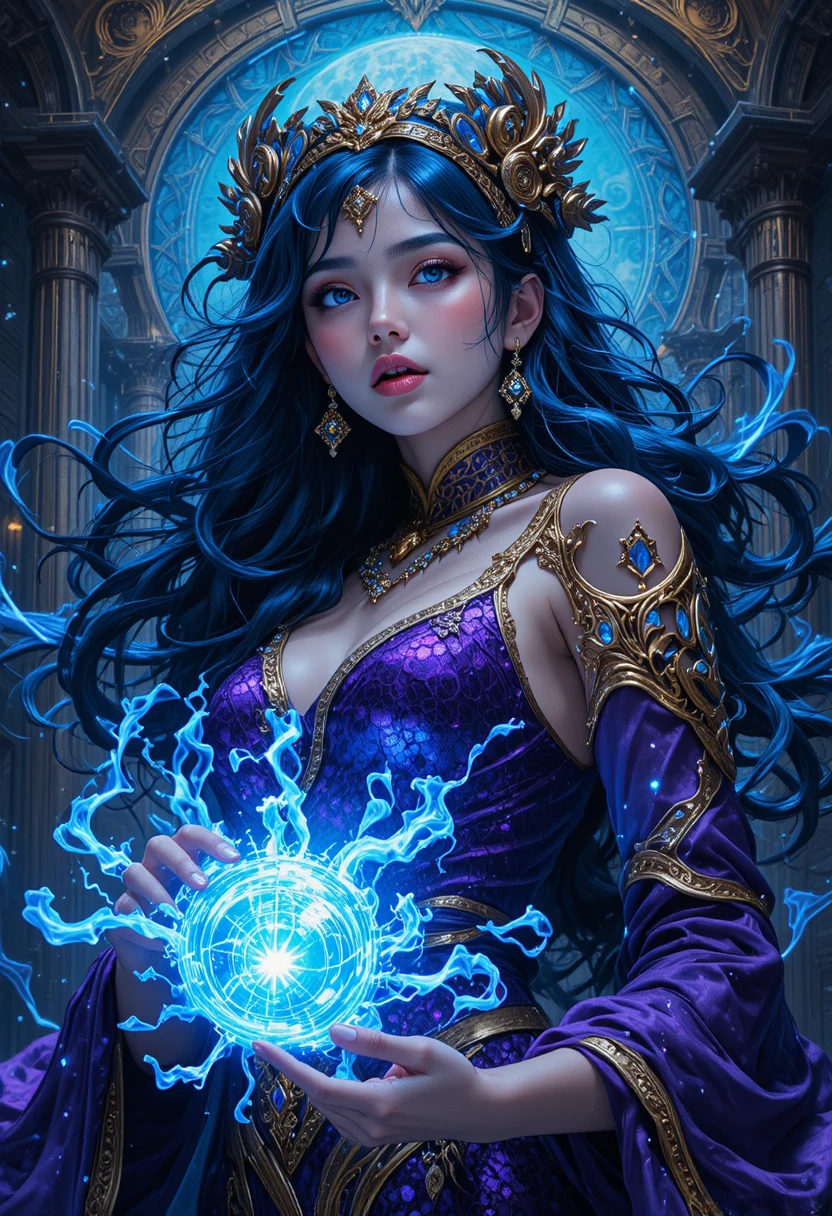 Primer plano de sacerdotisa suprema de anime con aura azul y castillo
