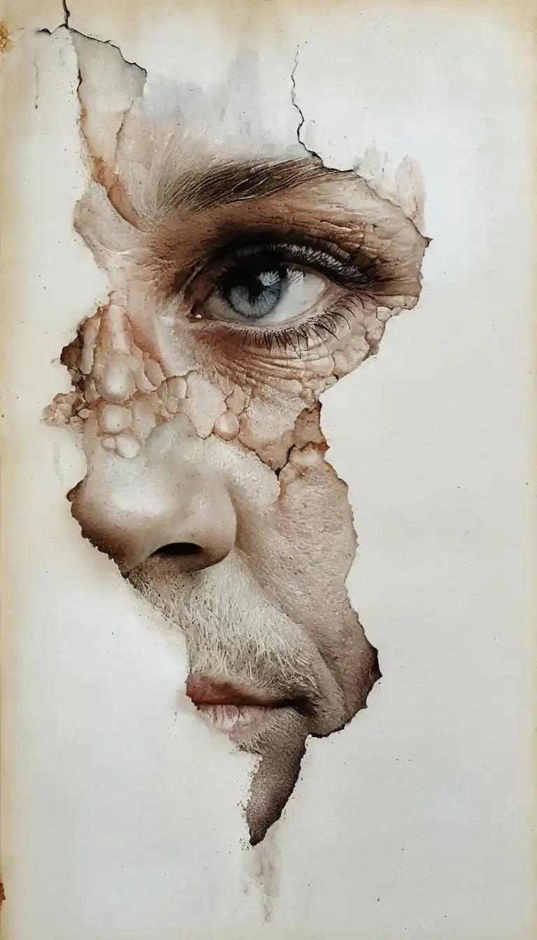 Fragmented elderly male face in mixed media close up