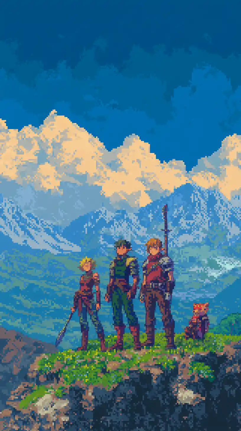 Eroi fantasy in un vibrante mondo di gioco in pixel rétro