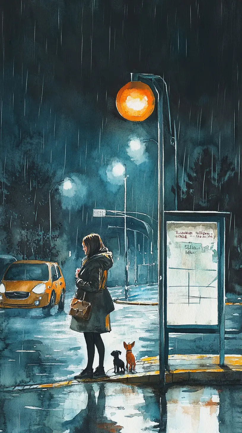 Smiling girl with small dog on rainy service station corner