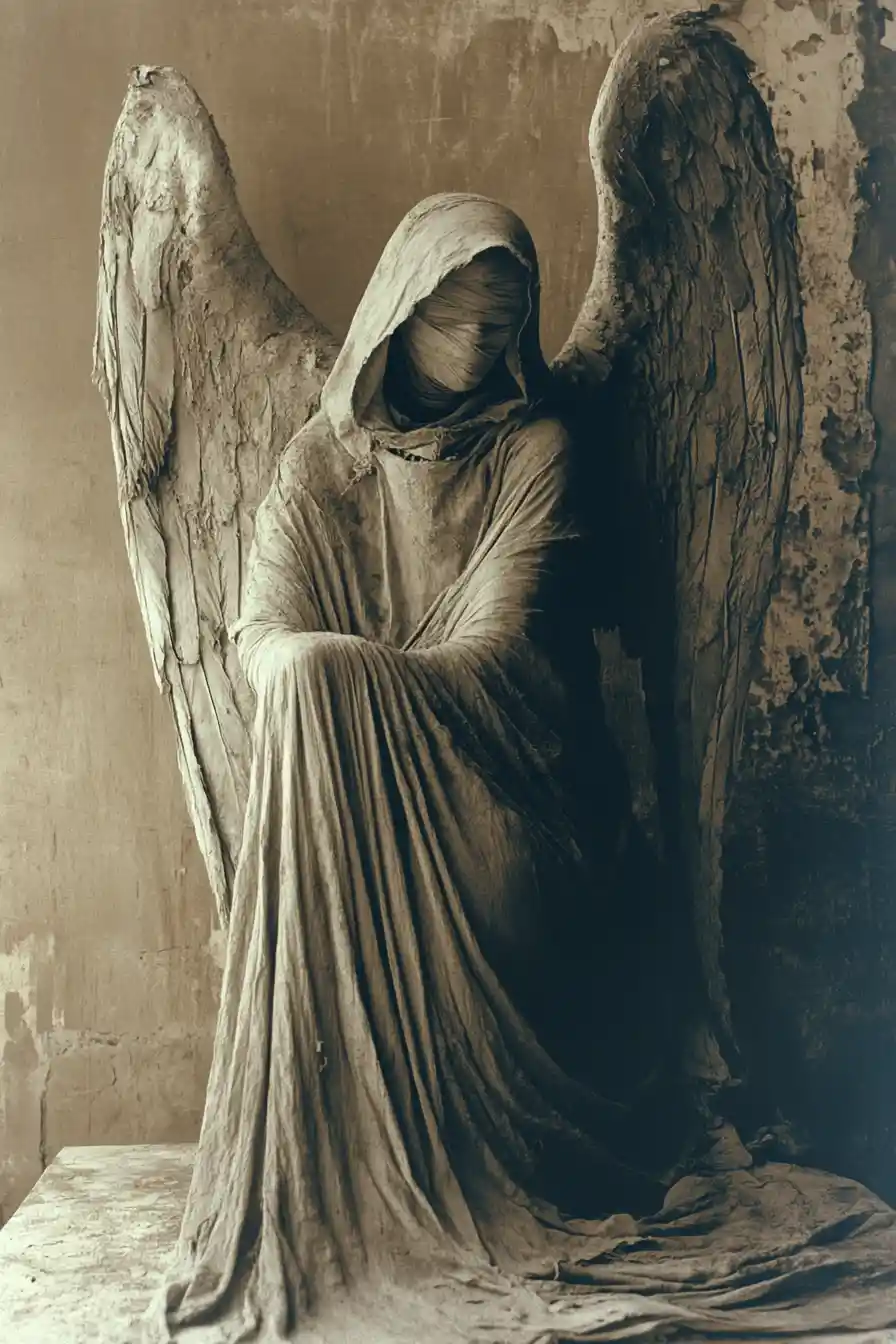Gothic angel statue with bandages against aged wall