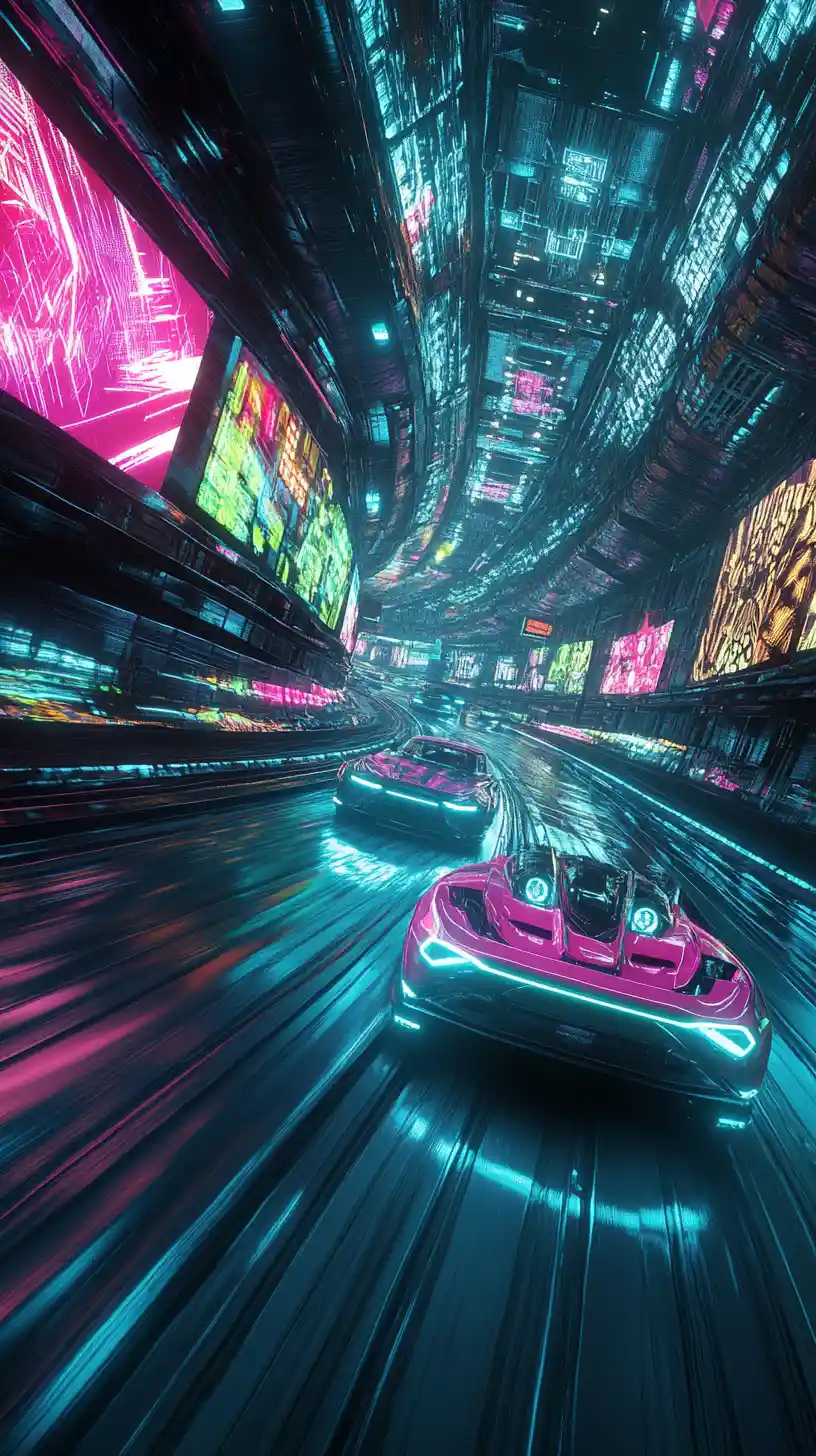 Autoestrada Subterrânea Futurista Cyberpunk com Luzes de Néon