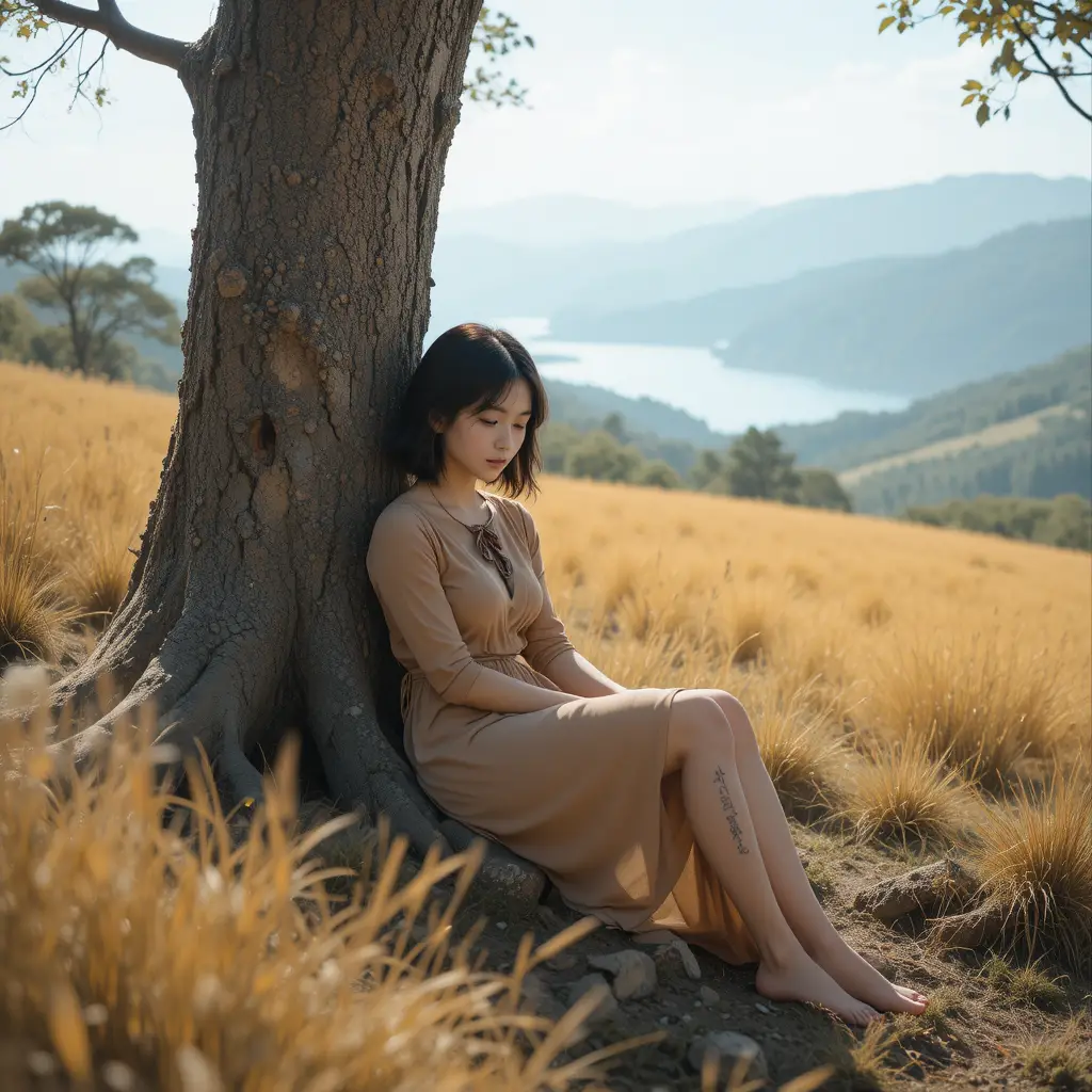 Young adult resting by a tree above a golden waterfront