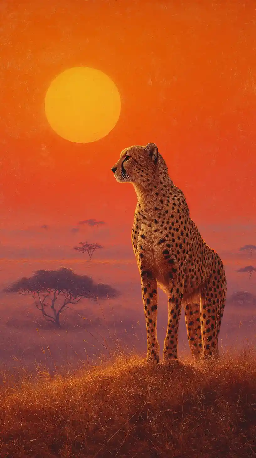 Cheetah Silhouette On African Savanna Ridge At Sunset