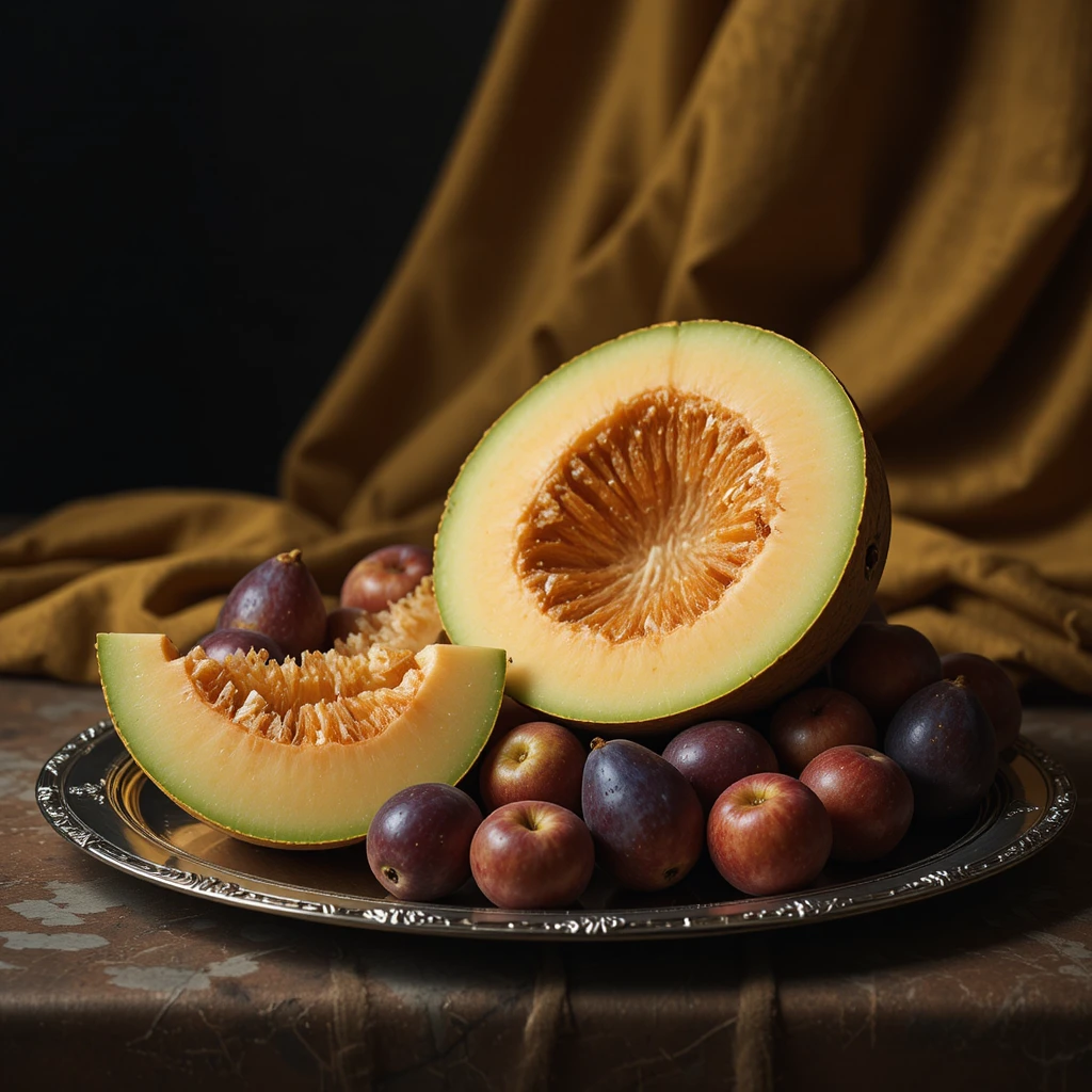Rebanadas de melón y ciruelas en bandeja de plata – Bodegón